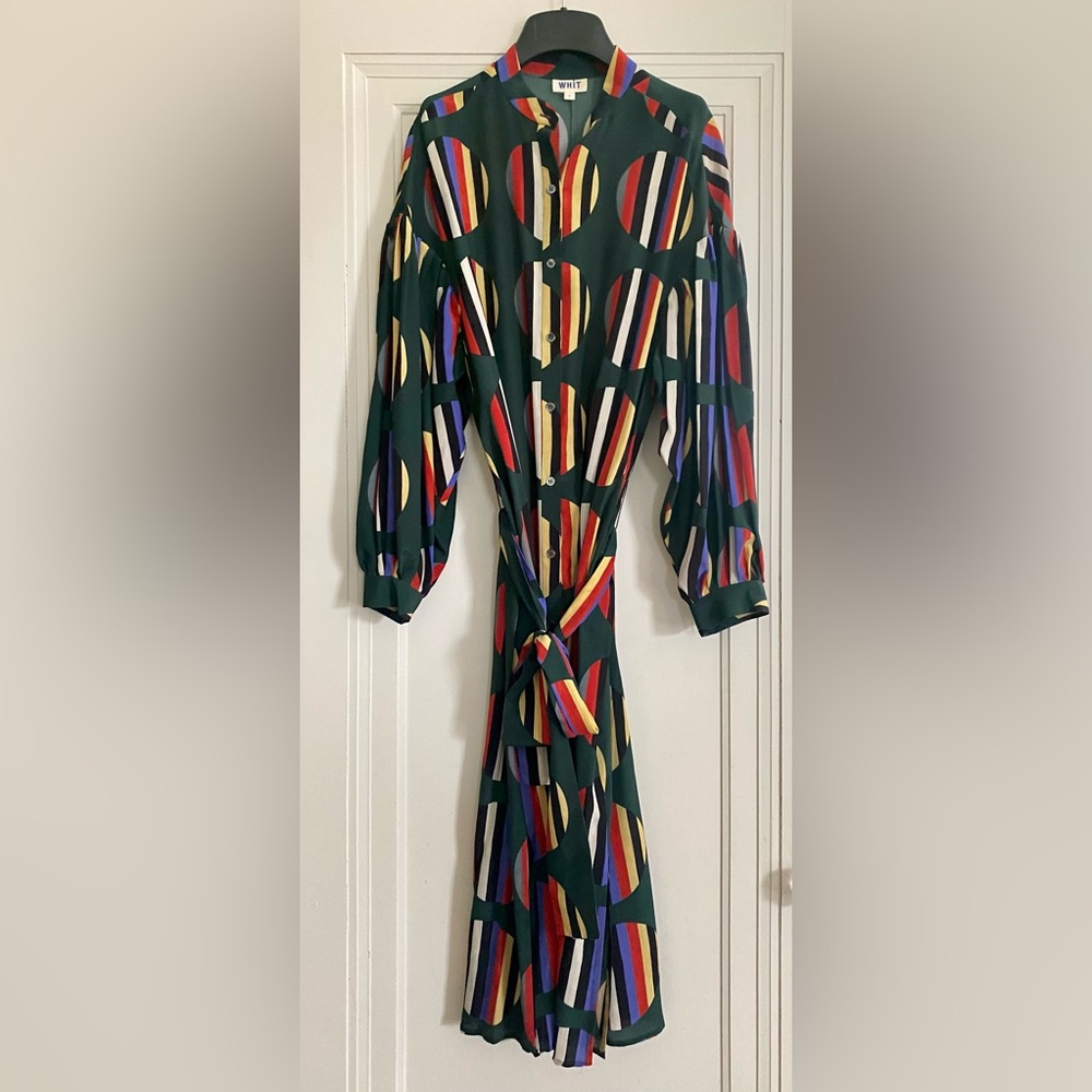 WHiT Etta 100% Silk Dress Green Geometric Pattern Sz P (XS)
